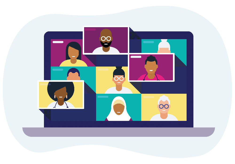 An illustration of a laptop with various people on screen taking part in an online meeting.
