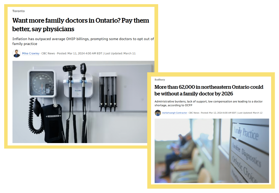 Images of two online news articles. The first heading reads, "Want more family doctors in Ontario? Pay them better, says physicians." The second heading reads, "More than 62,000 in northeastern Ontario could be without a family doctor by 2026."
