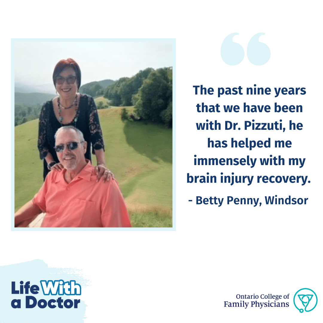 A white tile with an image of a wife and husband with a quote from the wife which reads, "The past nine years that we have been with Dr. Pizzuti, he has helped me immensely with my brain injury recovery."